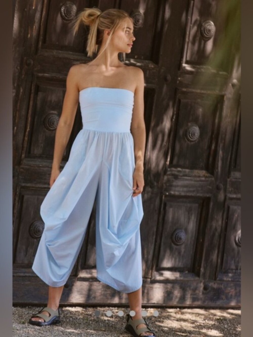 Free People Light Blue Strapless Wide-Leg Jumpsuit
